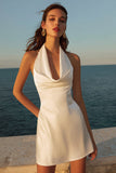 Satin Ivory Halter Neck A-Line Mini Engagement Dress