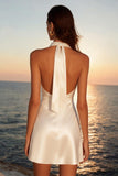 Satin Ivory Halter Neck A-Line Mini Engagement Dress