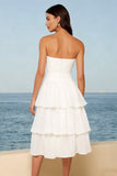 Tulle Ivory Strapless Tiered A-Line Midi Bridal Shower Dress with Bow