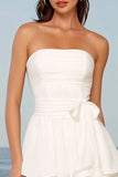 Tulle Ivory Strapless Tiered A-Line Midi Bridal Shower Dress with Bow