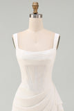 Tulle Ivory Corset Square Neck Ruched Bodycon Mini Graduation Dress with Ruffles