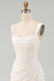 Tulle Ivory Corset Square Neck Ruched Bodycon Mini Graduation Dress with Ruffles