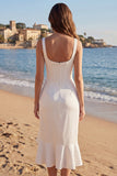 Square Neck Ivory Ruched Sheath Corset Ruffled Engagement Dress with Slit