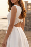 Ivory Bateau Neck A-Line Midi Engagement Dress with Appliques