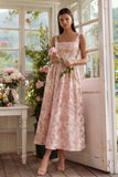 Blush Jacquard A Line Square Neck Midi Dress with Lace Up Back