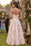 Pink White Flower A-Line Printed Strapless Midi Dress with Bowknot