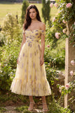 Yellow Flower A-Line Off the Shoulder Midi Dress with Ruffles