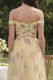 Yellow Flower A-Line Off the Shoulder Midi Dress with Ruffles