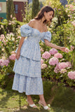 Blue Jacquard A-Line Off the Shoulder Tiered Midi Dress