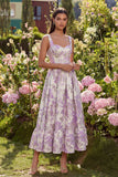 Purple Jacquard Flower Corset A-Line Midi Dress