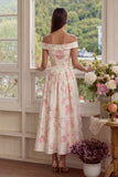 Pink White Flower A-Line Off the Shoulder Midi Dress