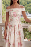 Pink White Flower A-Line Off the Shoulder Midi Dress
