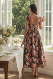 Black Pink Flower Square Neck A-Line Midi Dress
