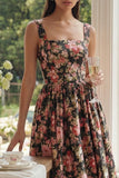 Black Pink Flower Square Neck A-Line Midi Dress