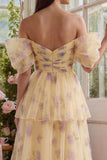 Yellow Flower A-Line Tulle Tiered Off the Shoulder Midi Dress