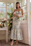 Dusty Blue Jacquard Mermaid Sweetheart Midi Dress