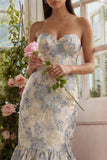 Dusty Blue Jacquard Mermaid Sweetheart Midi Dress