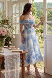 White Blue Flower Corset A-Line Tulle Off the Shoulder Midi Dress