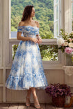 White Blue Flower Corset A-Line Tulle Off the Shoulder Midi Dress