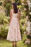 Pink White Flower A-Line Square Neck Midi Dress with Bowknot
