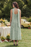 Dusty Sage Printed Chiffon Spaghetti Straps A-Line Midi Dress