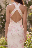 Halter Pink White Flower Sheath Midi Dress