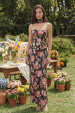 Black Pink Flower Sheath Strapless Satin Midi Dress