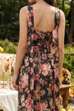 Black Pink Flower Sheath Strapless Satin Midi Dress