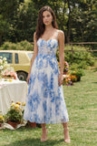 White Blue Flower Corset A-Line Tulle Spaghetti Straps Midi Dress