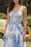 White Blue Flower Corset A-Line Tulle Spaghetti Straps Midi Dress