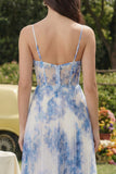 White Blue Flower Corset A-Line Tulle Spaghetti Straps Midi Dress