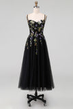 Black Appliqued A-Line Tulle Spaghetti Straps Midi Dress