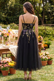 Black Appliqued A-Line Tulle Spaghetti Straps Midi Dress