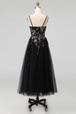 Black Appliqued A-Line Tulle Spaghetti Straps Midi Dress