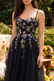 Black Appliqued A-Line Tulle Spaghetti Straps Midi Dress