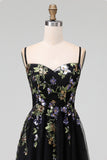 Black Appliqued A-Line Tulle Spaghetti Straps Midi Dress