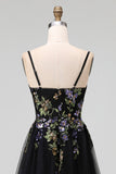Black Appliqued A-Line Tulle Spaghetti Straps Midi Dress
