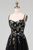 Black Appliqued A-Line Tulle Spaghetti Straps Midi Dress