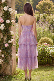 Purple Strapless A-Line Tulle Tiered Midi Dress