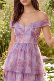 Purple Off the Shoulder A-Line Tulle Tiered Midi Dress