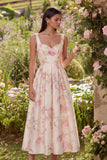 Pink A-Line Backless Floral Print Satin Midi Dress with Bowknot