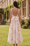 Pink A-Line Backless Floral Print Satin Midi Dress with Bowknot