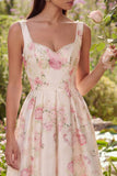 Pink A-Line Backless Floral Print Satin Midi Dress with Bowknot