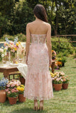 Pink Appliqued Strapless Mermaid Corset Midi Dress