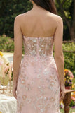 Pink Appliqued Strapless Mermaid Corset Midi Dress