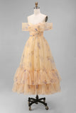 Yellow Floral Off the Shoulder A-Line Tulle Midi Dress with Ruffles