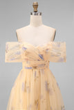 Yellow Floral Off the Shoulder A-Line Tulle Midi Dress with Ruffles