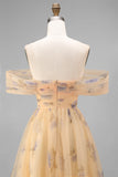 Yellow Floral Off the Shoulder A-Line Tulle Midi Dress with Ruffles