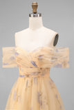 Yellow Floral Off the Shoulder A-Line Tulle Midi Dress with Ruffles