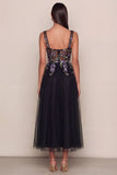 Black Appliqued A-Line Tulle Square Neck Midi Dress